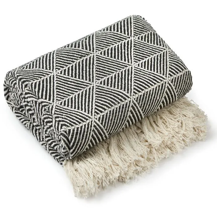 New Edge Blinds NewEdgeBlinds Geo Diamond Collection Recycled Cotton Throw in Black (90" x 100"), Black