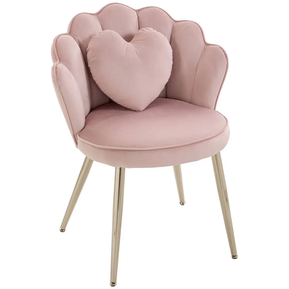 HOMCOM Accent Chair with Heart Pillow Velvet Upholstered Lotus Back Pink