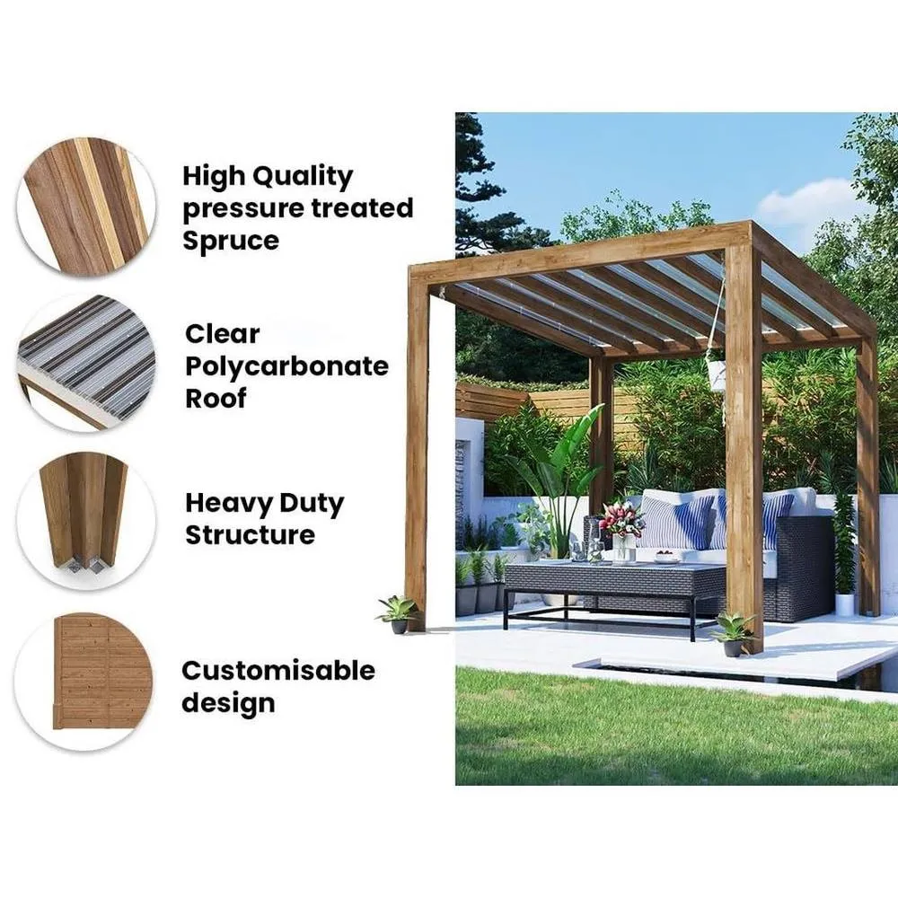 Dunster House Pergola with Roof 2.5m x 2.5m Pressure Treated, Terracube in Brown 3