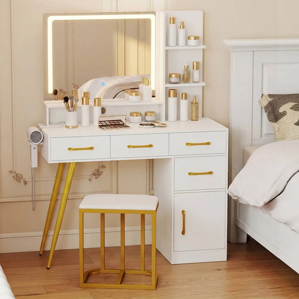 Costway Vanity Desk w/ Stool Makeup Dressing Table Set w/ LED Mirror in White