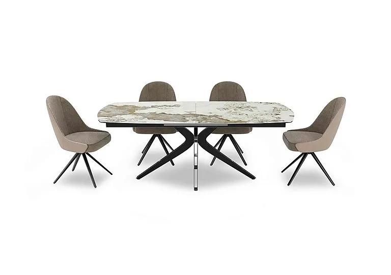 Jose Large Calcatta Marble Pop-up Extending Dining Table with 4 Swivel Chairs