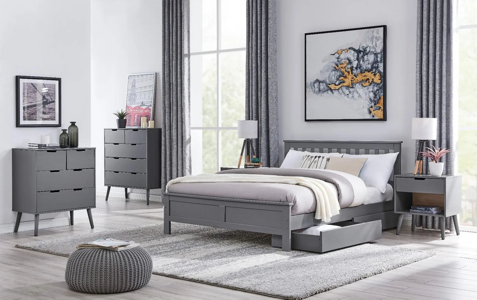 FurnitureboxUK Azure Modern Solid Pine Bed with 2 Drawers in Grey 4