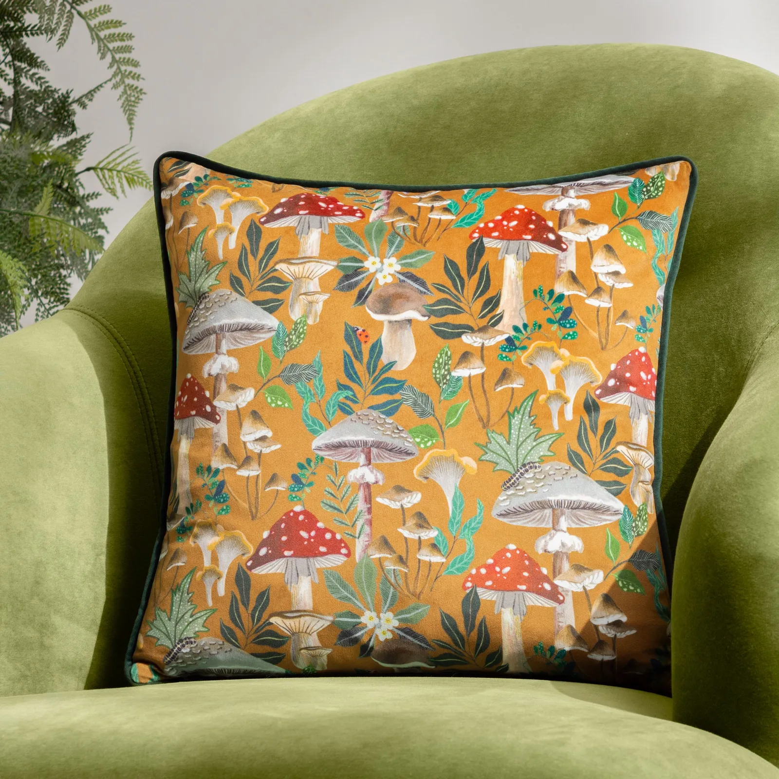 Wylder Nature Wild Garden Mushroom Repeat Velvet Cushion