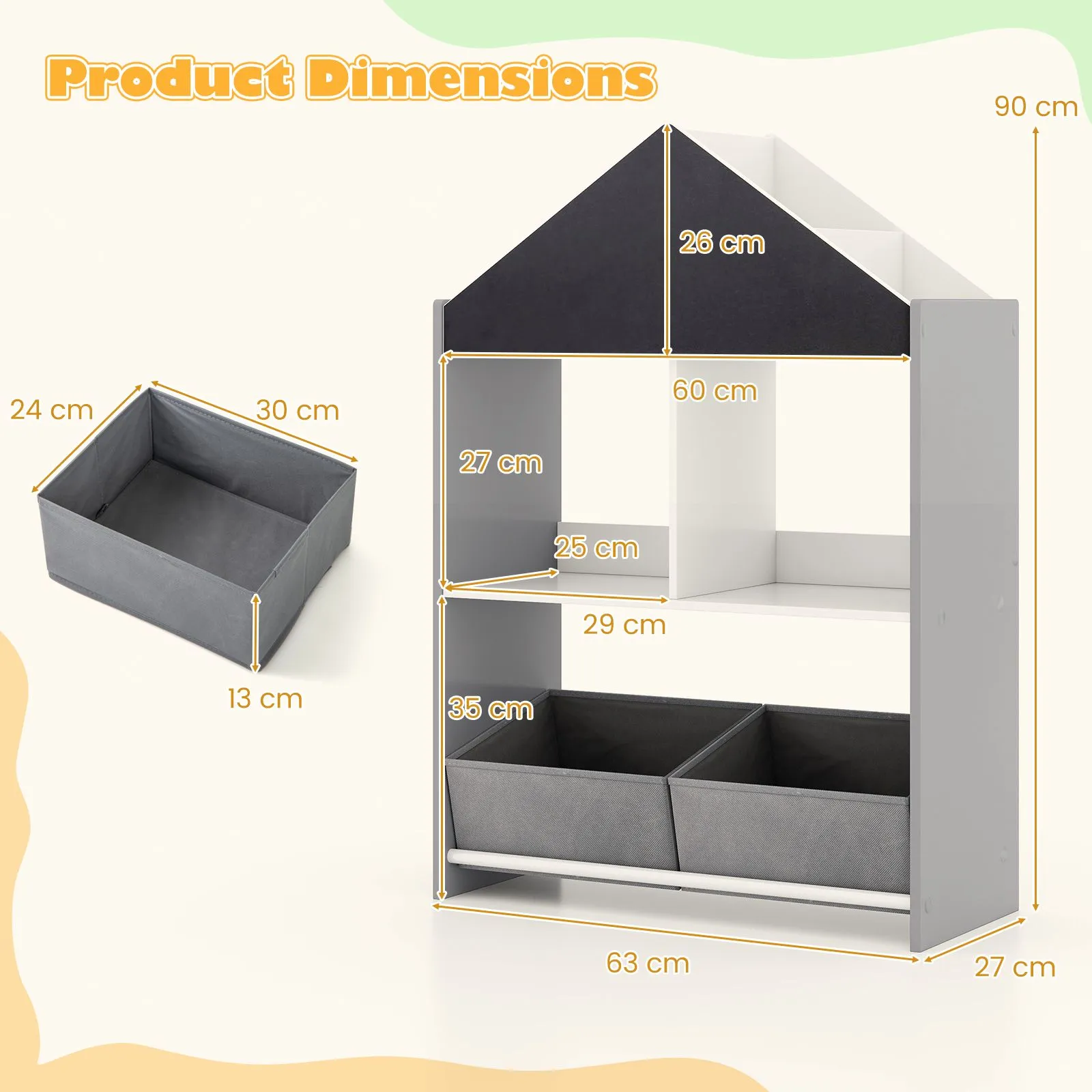 Costway Dollhouse Bookshelf Wooden Toy Storage Organizer with Writable Chalkboard in Grey 2