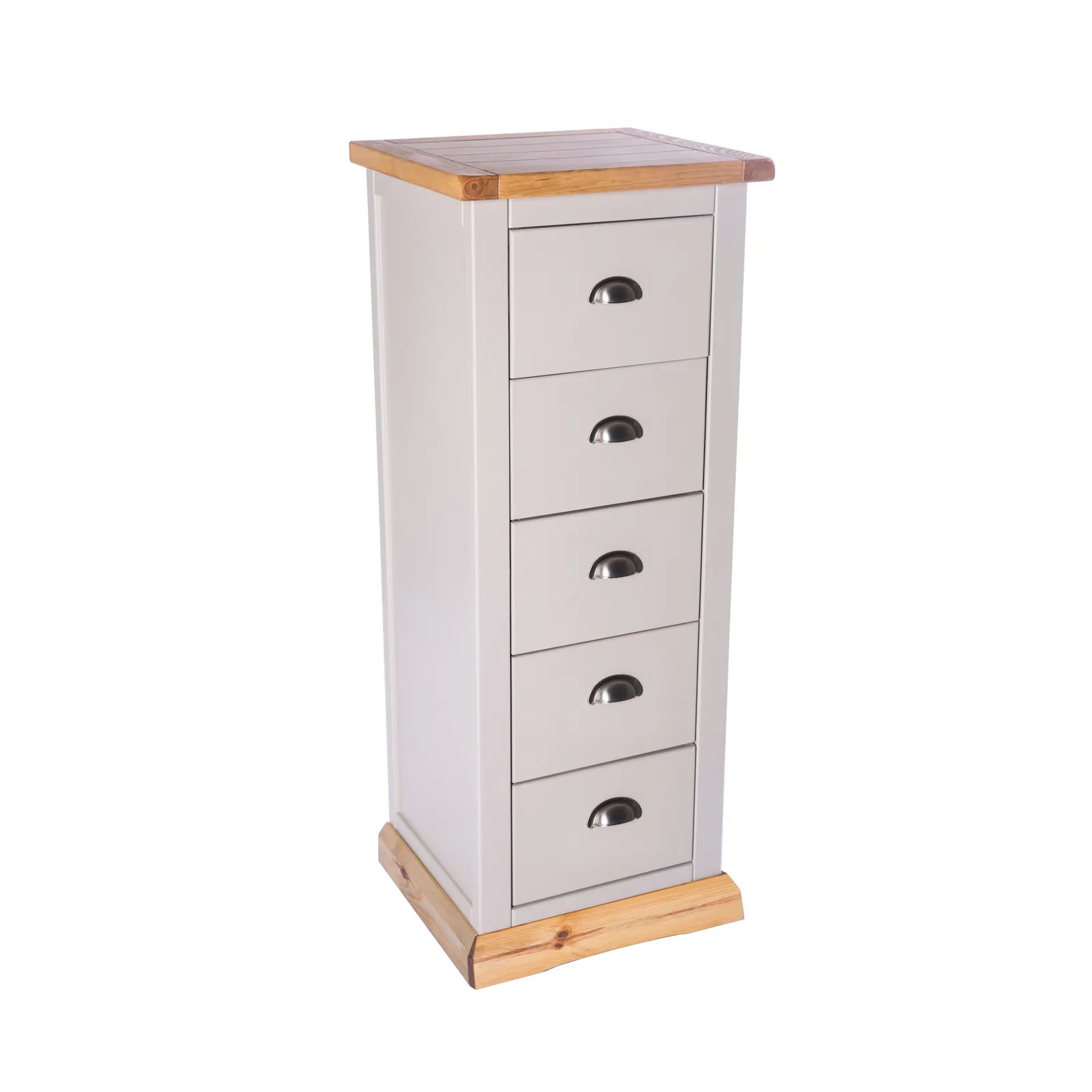 Cabinet Bits Bomporto 5 Drawer Narrow Chest of Drawers Chrome Cup Handle in Light Grey 3
