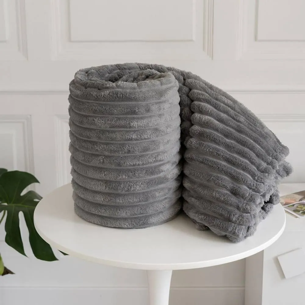 Homes-Linen Chunky Ribbed Cord Faux Fur Velvet Touch Throw Blanket 200x240cm in Charcoal