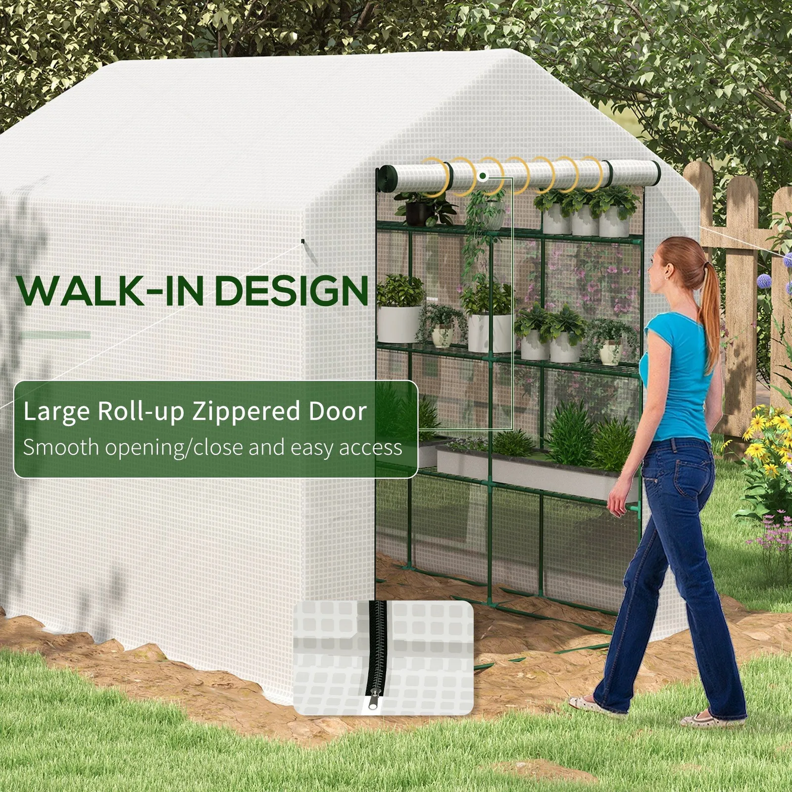 OUTSUNNY Walk-in Garden Greenhouse Shelves Polytunnel Steeple Grow House in White 5