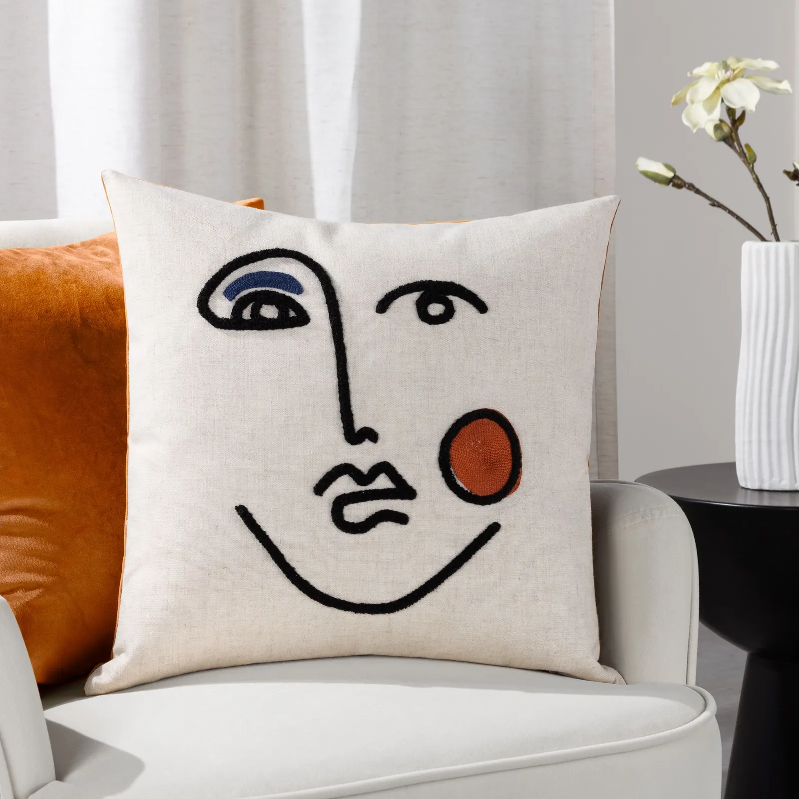 Furn Cleo Linear Crewel Embroidered Cushion in Light Brown