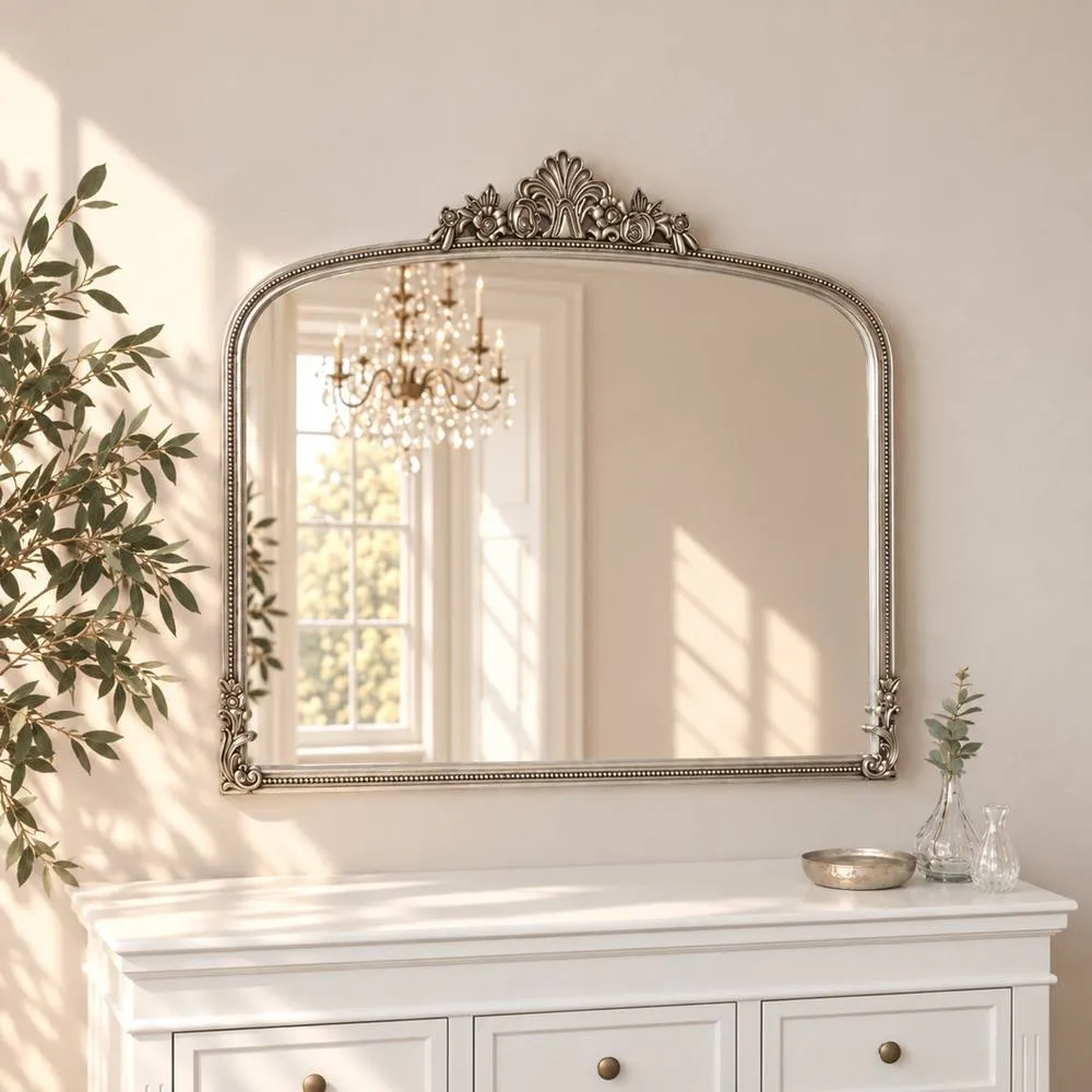Melody Maison Antique Silver Ornate Arch Overmantle Mirror - 100cm X 88cm 6