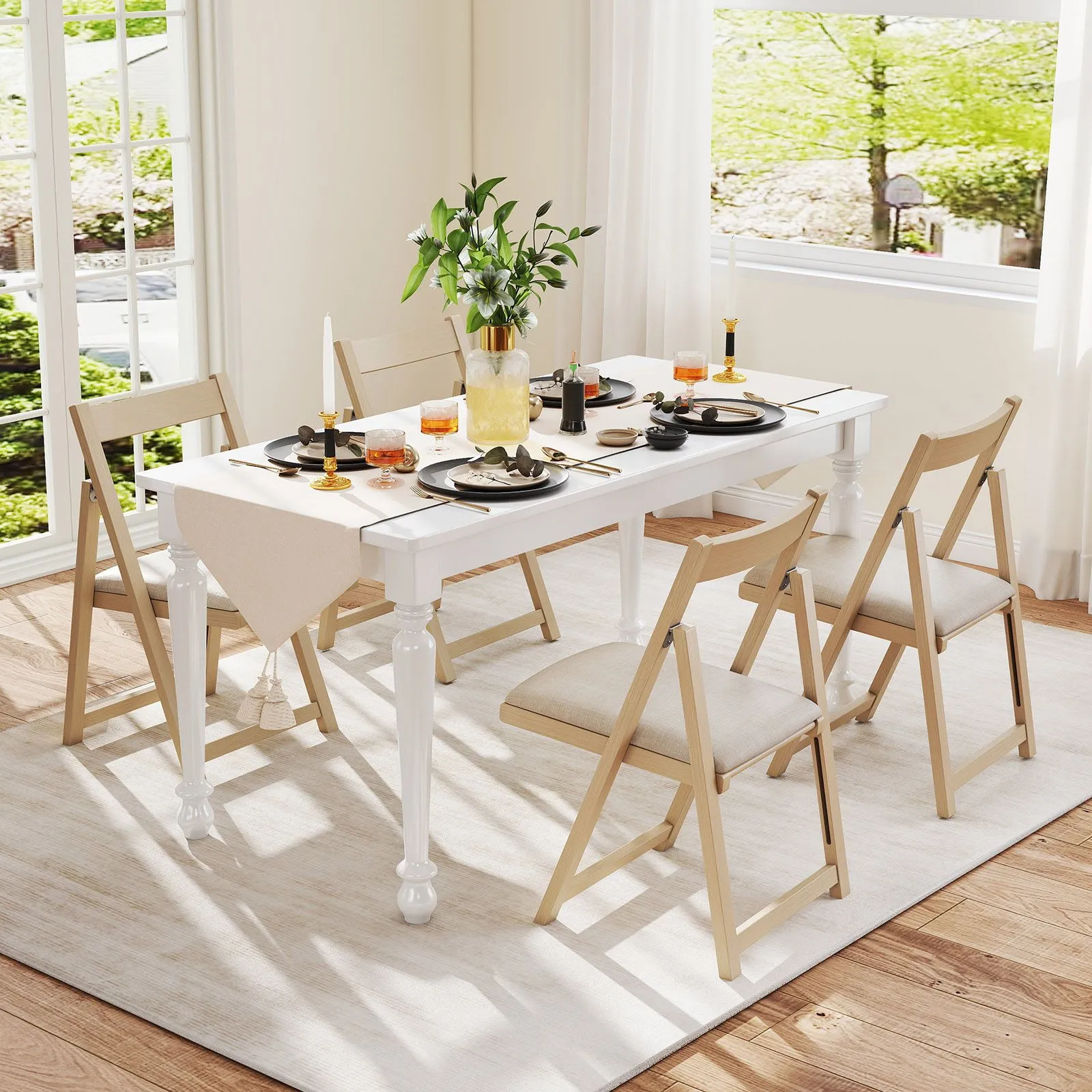 Costway Foldable Dining Chair Set of 4 Accent Armless Kitchen Chair in Beige 4