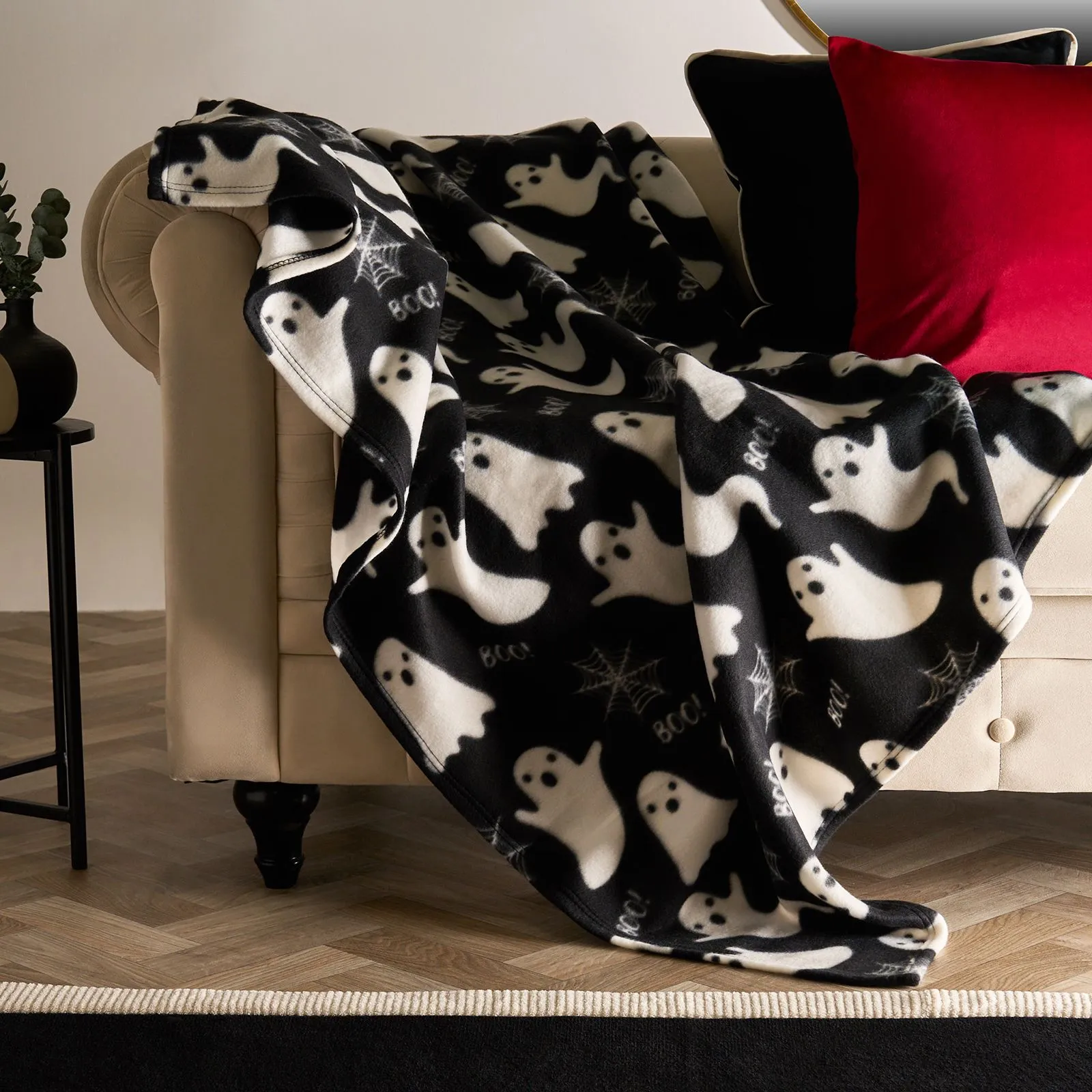 OHS Halloween Ghost Print Fleece Throw Soft Lightweight Blanket - Black