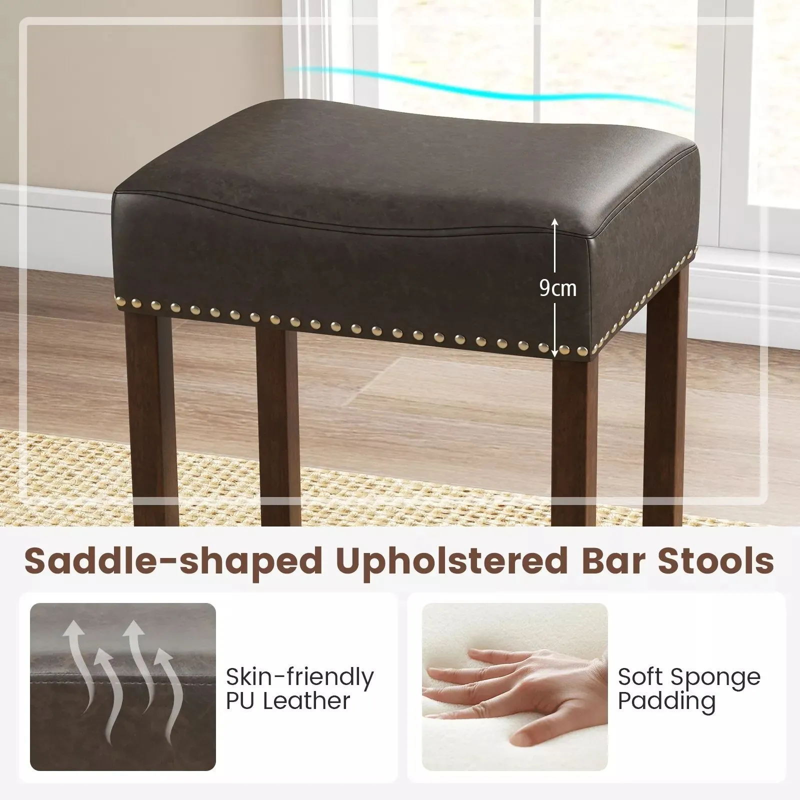 Costway Set of 2 Bar Stools Upholstered Counter Height Saddle Stools PU Leather 60cm in Grey 5