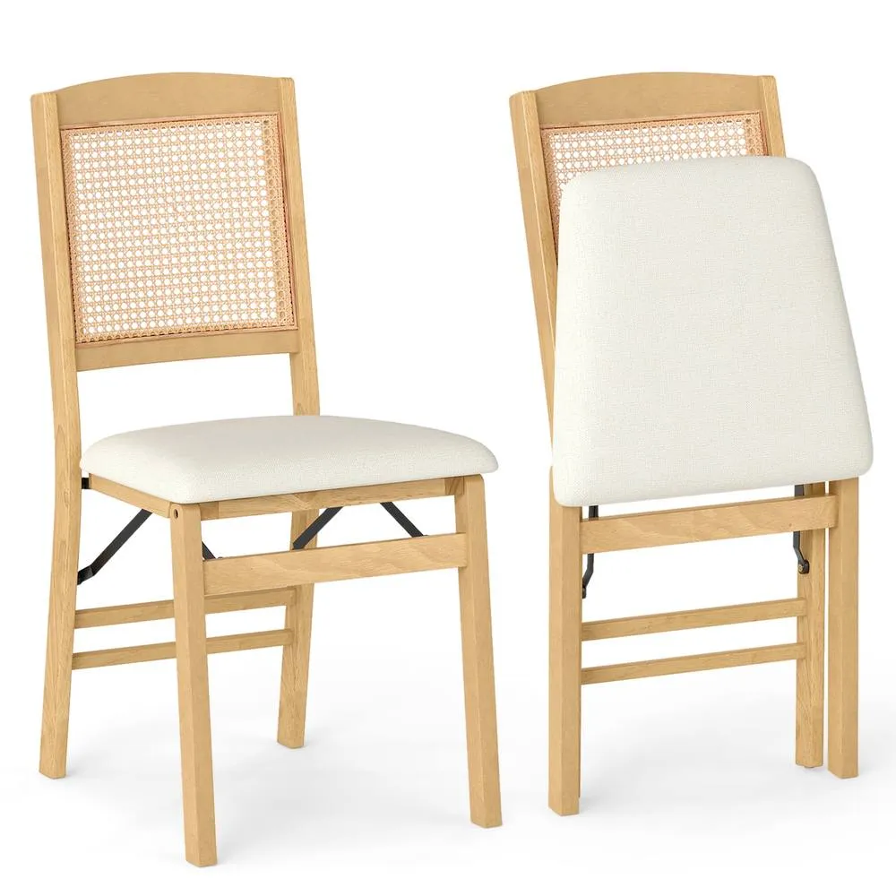 Costway Folding Chairs Set of 2 Rubber Wood Dining Chairs w/Linen Padded Seat in Natural