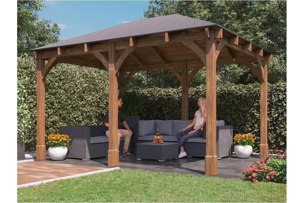 Dunster House Wooden Gazebo Heavy Duty with Roof Shingles 4m x 3m - Leviathan in Brown 4