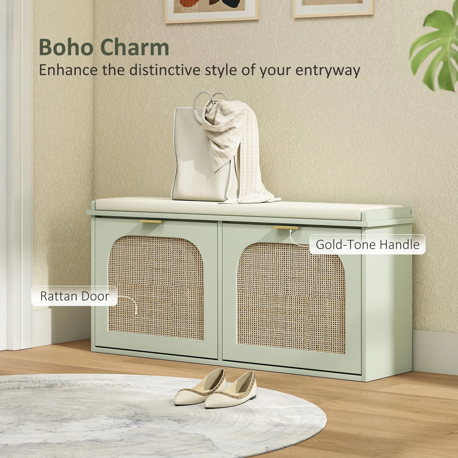 HOMCOM Boho Shoe Bench with Padded Seat & 2 Flip-Drawers in Light Green 4