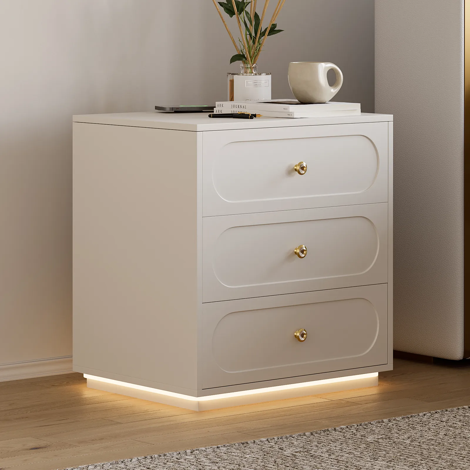 Modern Smart Bedside Table with Light 2 Drawer Bedside Table with Charging Station