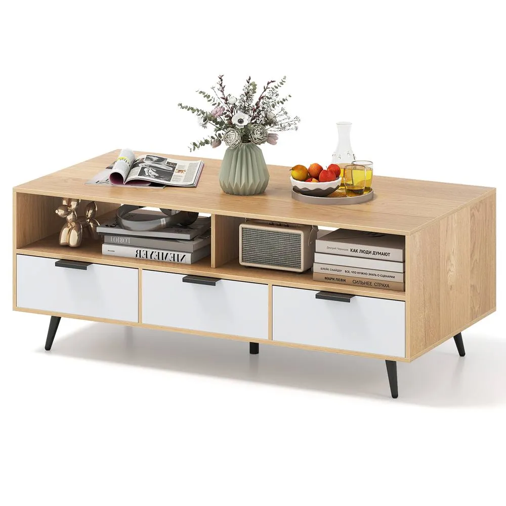 Costway 120cm Center Table Coffee Table with Storage in Natural 3
