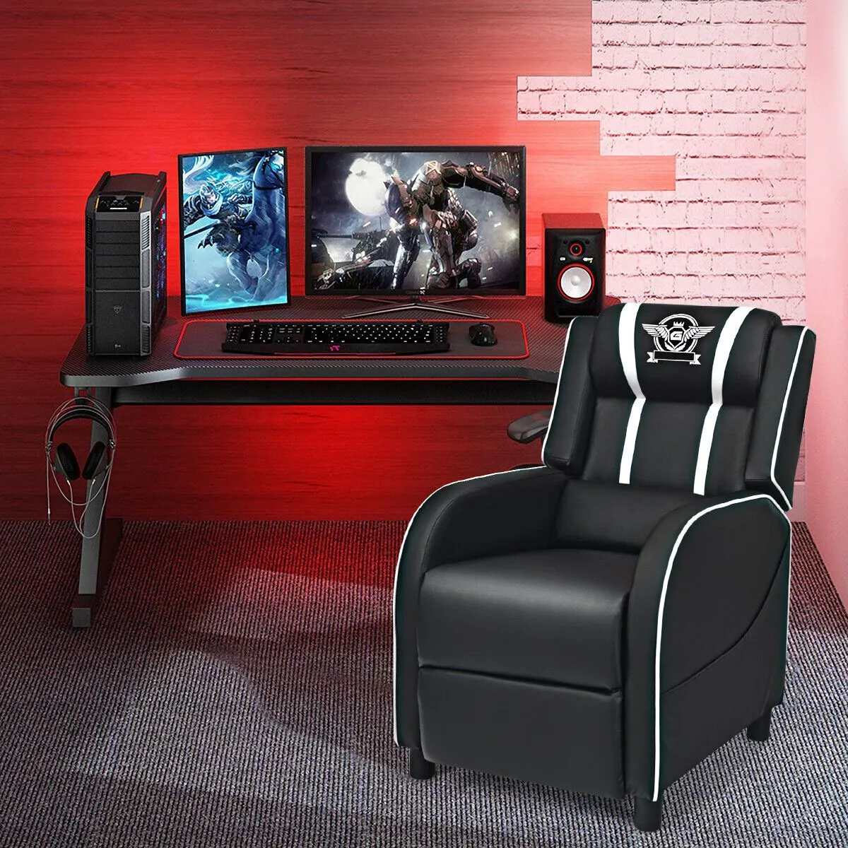 Costway Gaming Recliner Chair PU Leather Single Recliner Sofa Adjustable w/ Footrest in White 4