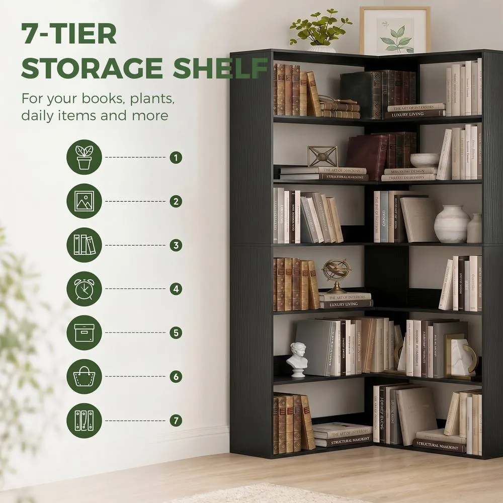 HOMCOM 7 Tiers Corner Bookshelf, L-Shaped, Black Wood Effect 5