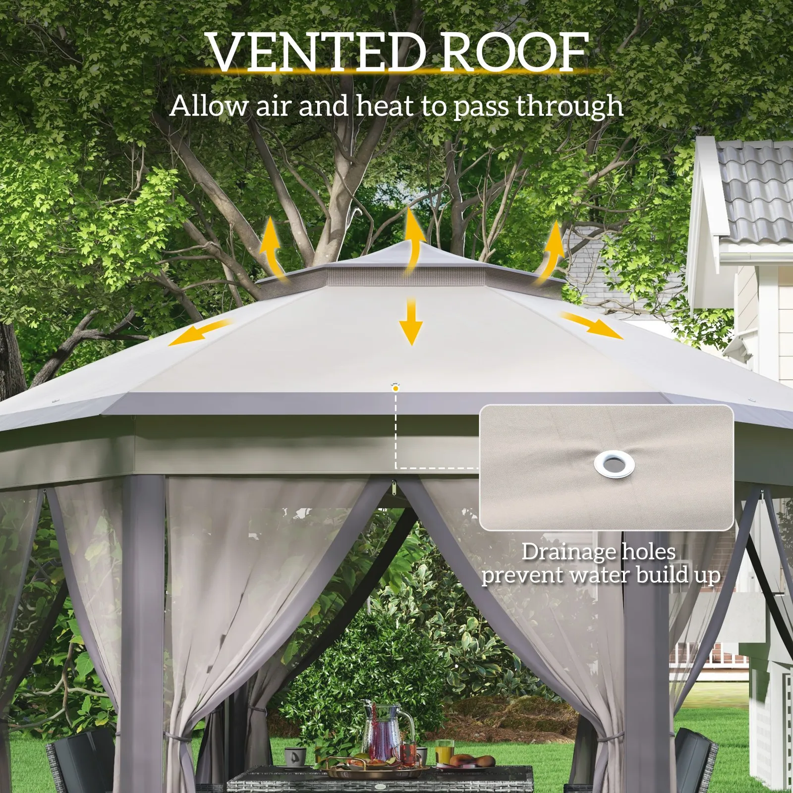 OUTSUNNY 3x4m Hexagon Gazebo w/ Metal Frame Mesh Curtains Outdoor Garden in Beige 5