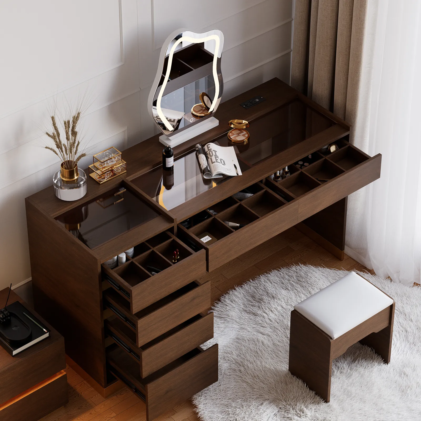 Modern Dressing Table with Chair with Lighted Vanity Mirror & Charging Station & Jewellery Storage Dressing Table