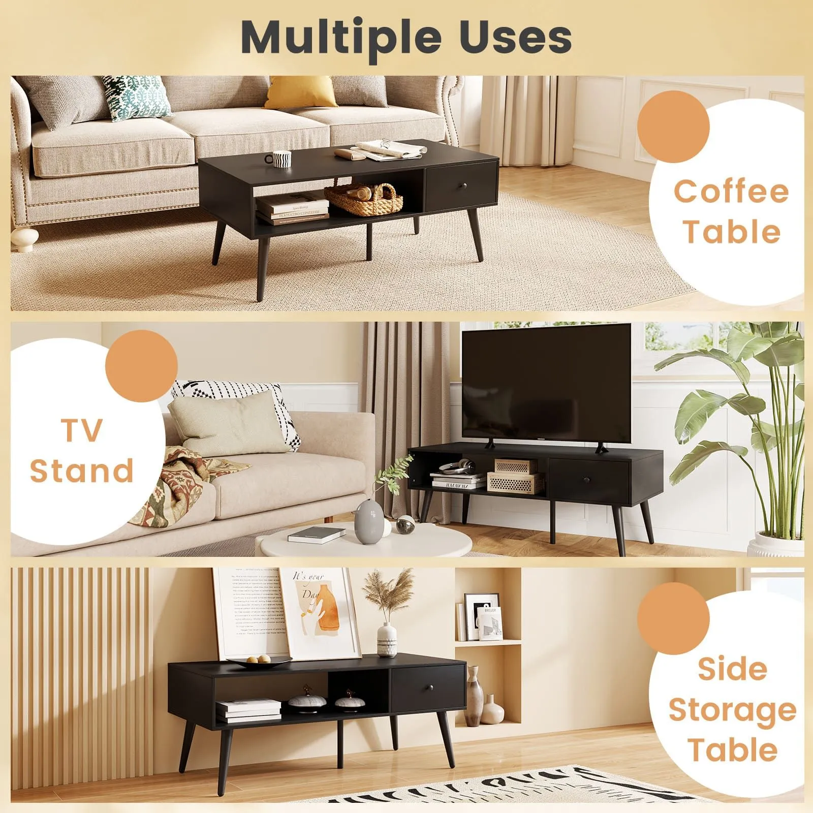 Costway 109 CM Rectangular Wooden TV Stand Entertainment Center w/Open Shelf in Black 2