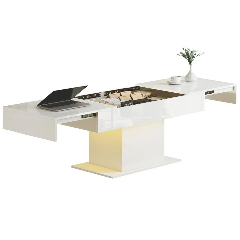 HOMCOM Extendable Coffee Table, Living Room Table with LED Lights, White 2