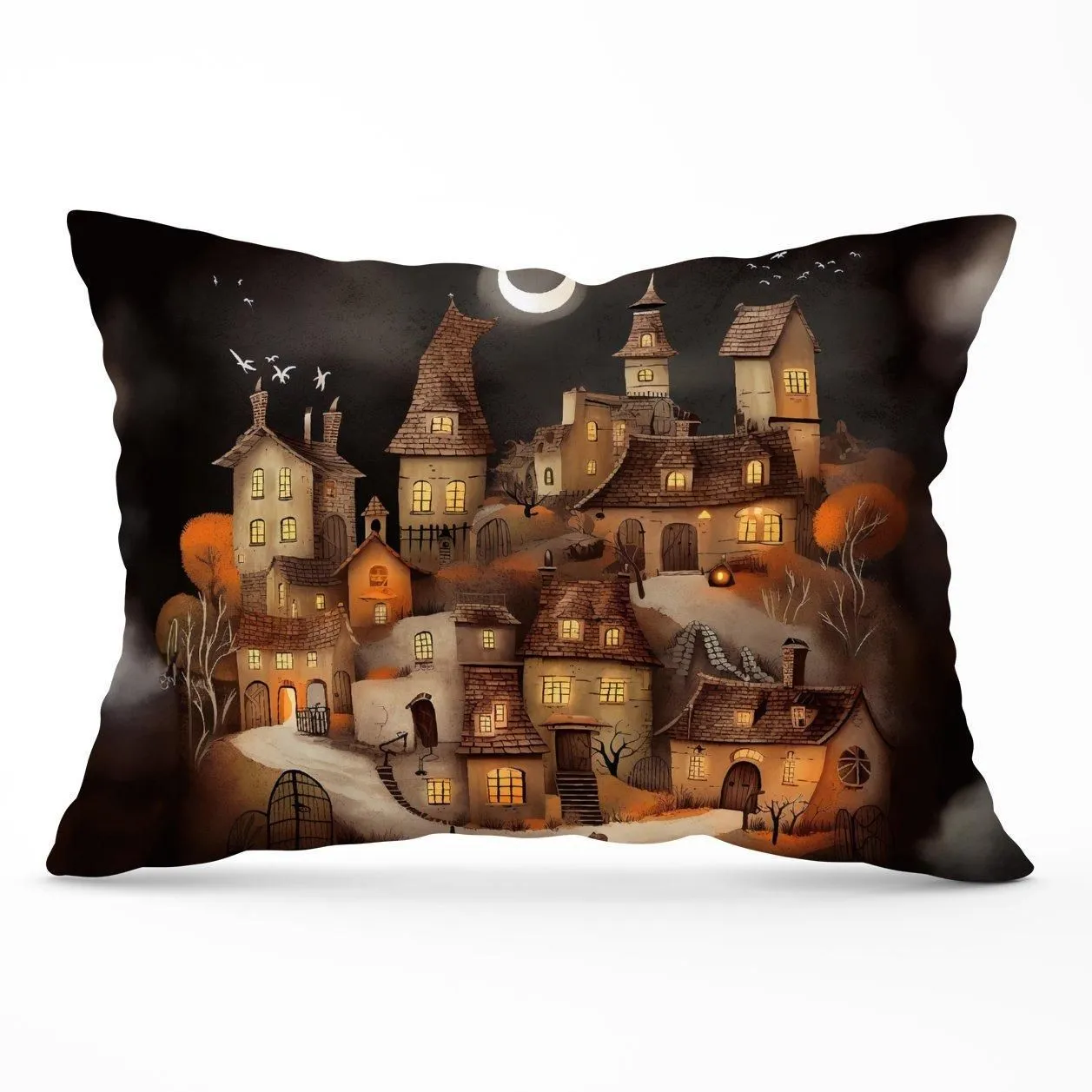 Warren Reed - Designer Spooky Halloween Village Cushions in Orange