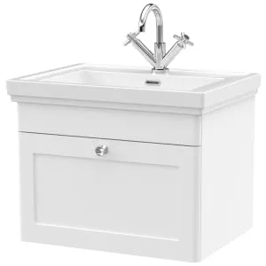 Classique Satin White Wall Hung 1-Drawer Vanity & Basin 1 Tap Hole - 496 x 630mm