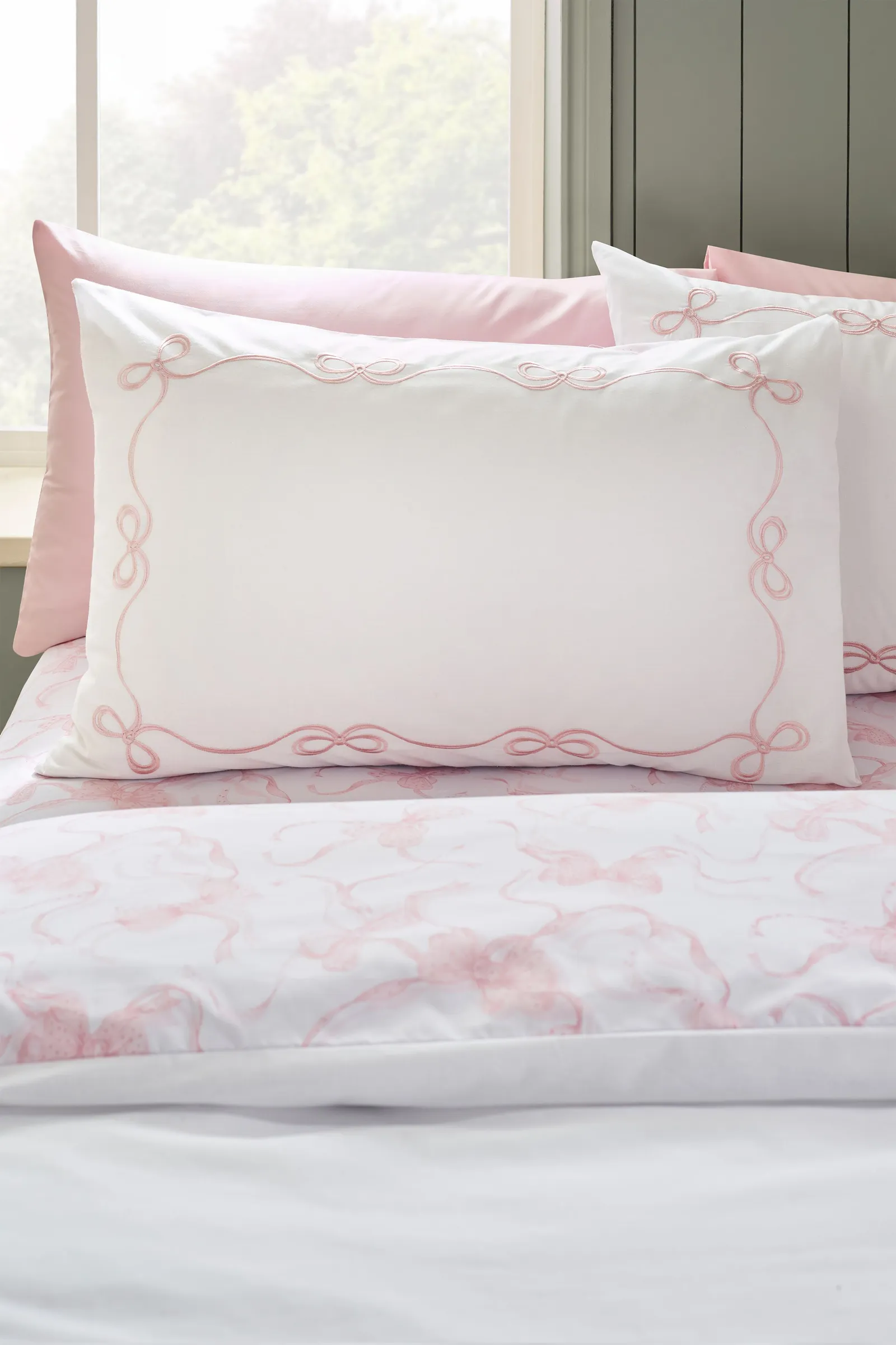 Catherine Lansfield Bow Embroidery Duvet Cover Set in Pink 3