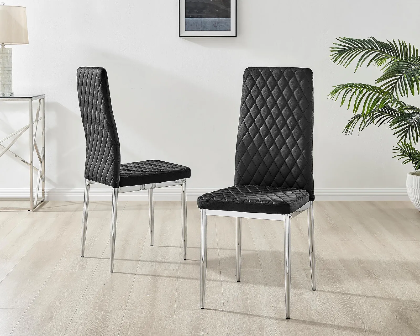 FurnitureboxUK Set of 4 Milan High Back Soft Touch Diamond Pattern Velvet Dining Chairs With Silver Chrome Metal Legs in Black 2