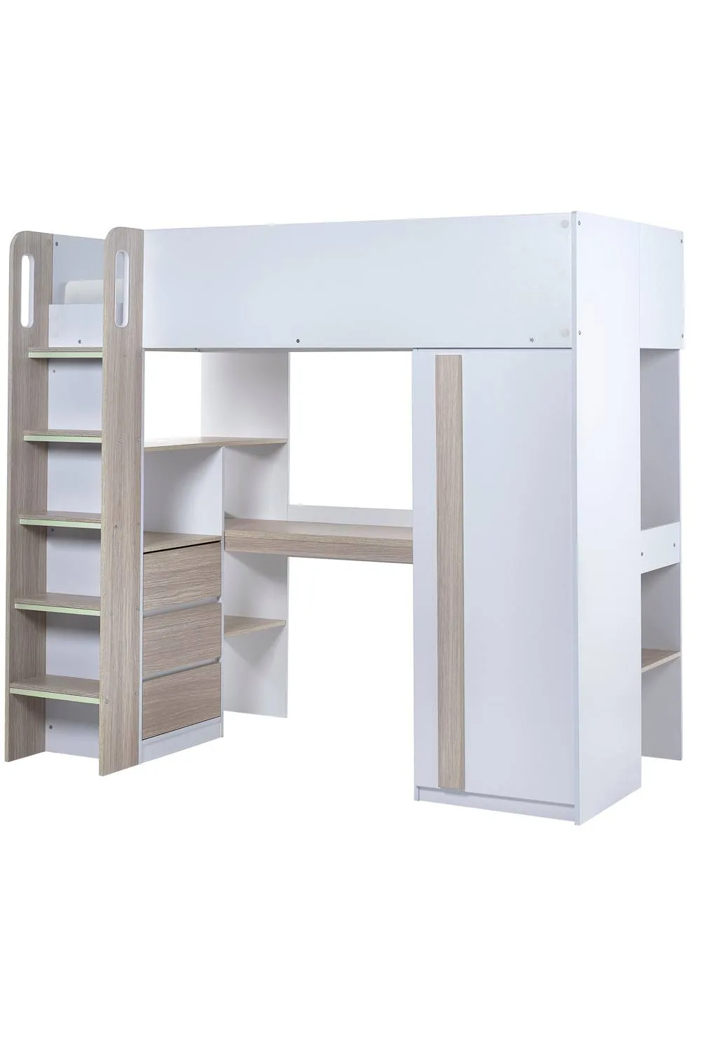 Julian Bowen Ocean Single White & Wood Effect Highsleeper Loft Bed with Desk 2