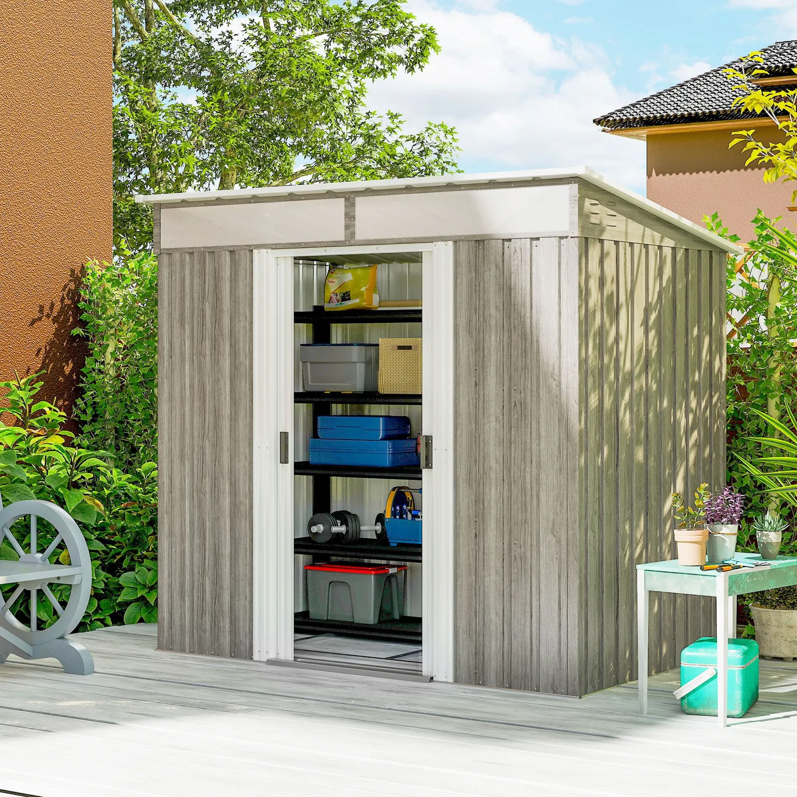 OUTSUNNY 6.5x4FT Garden Shed w/ Foundation Lockable Metal Tool Shed in Light Grey