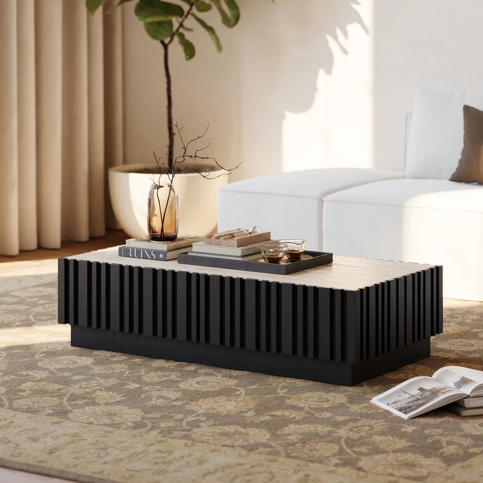 Aura 120 cm Ash Wood Slatted Coffee Table with Sintered Stone Top