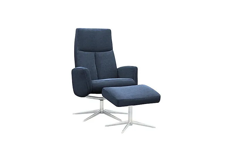 Vaasa Fabric Swivel Recliner Chair and Footstool with Chrome Base - Stingray Indigo