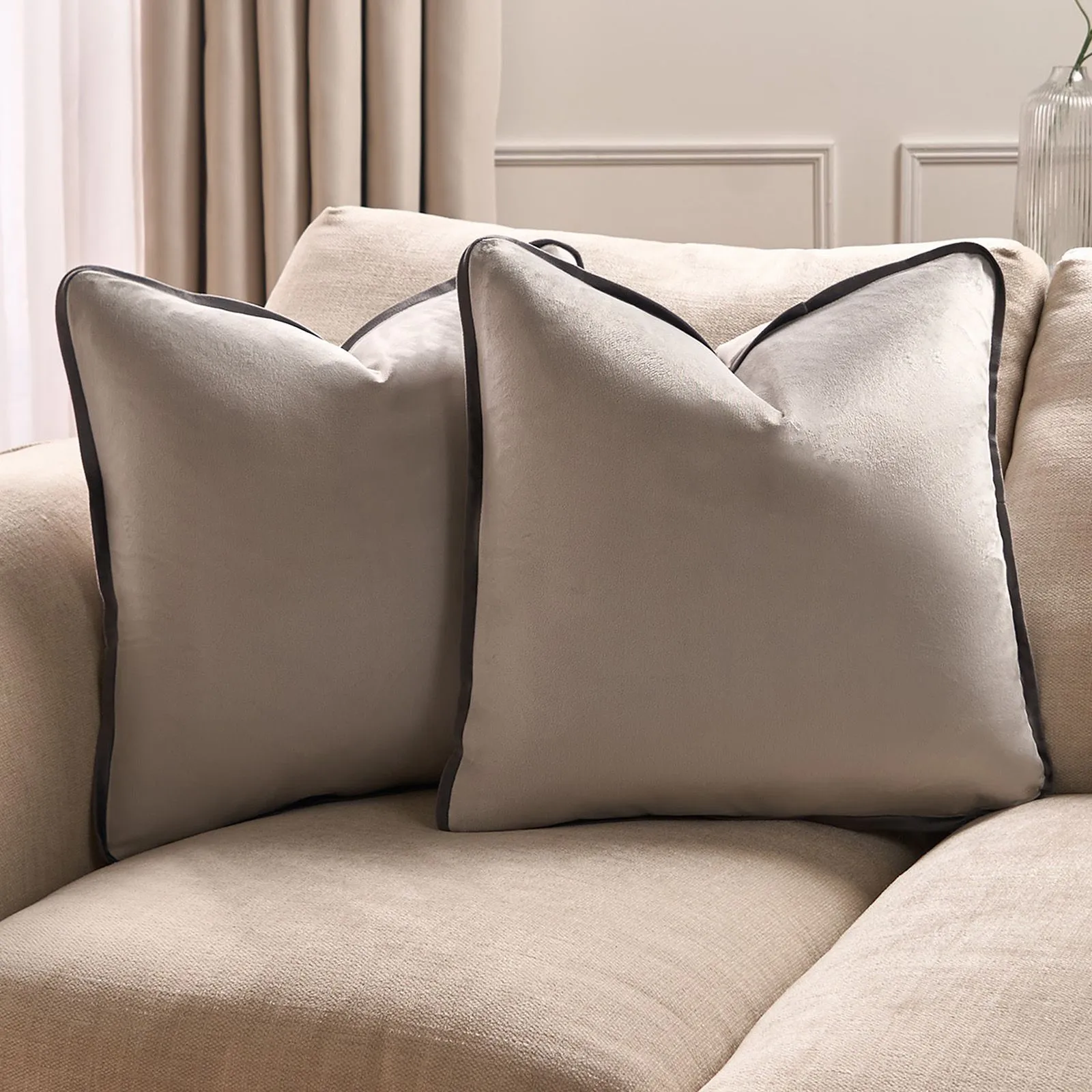 OHS 2 Pack Matte Velvet Piped Cushion Covers Home Decor Set in Light Grey