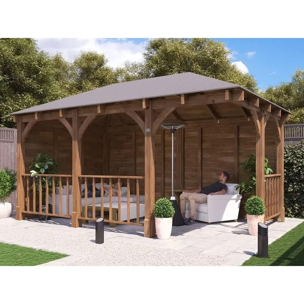 Dunster House Corner Wooden Gazebo with Roof Shingles 5m x 3m - Leviathan in Brown 2