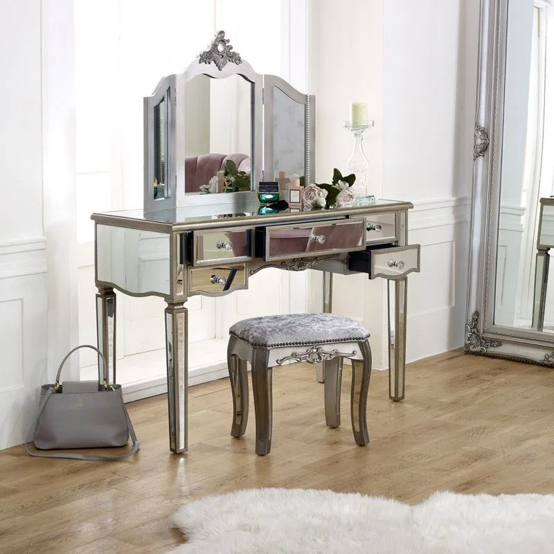 Melody Maison Large Mirrored Dressing Table, Mirror & Stool Set - Tiffany Range in Metallic Silver 2