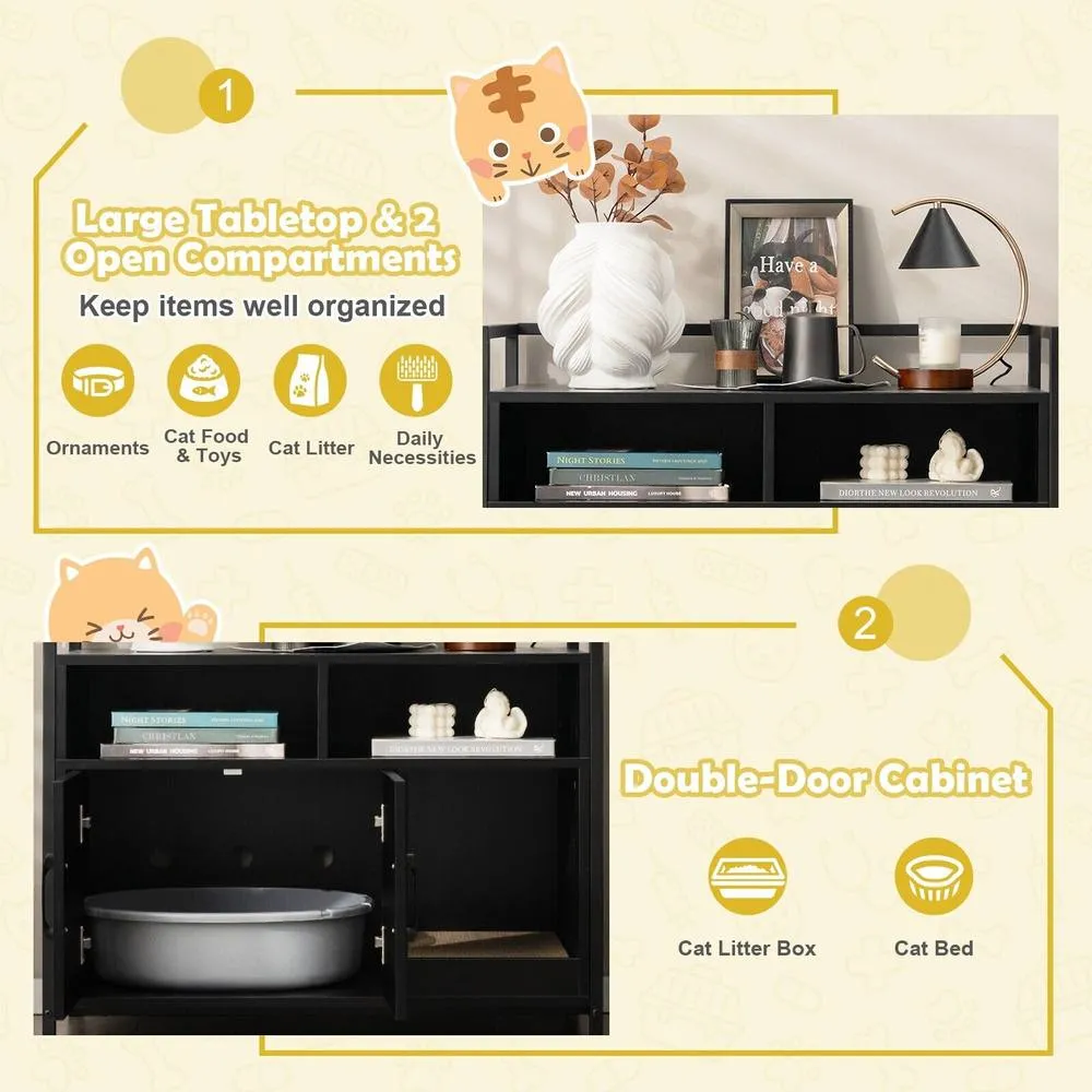 Costway Large Cat Litter Box Enclosure Furniture Wooden Kitty Washroom Hidden Cabinet in Black 6