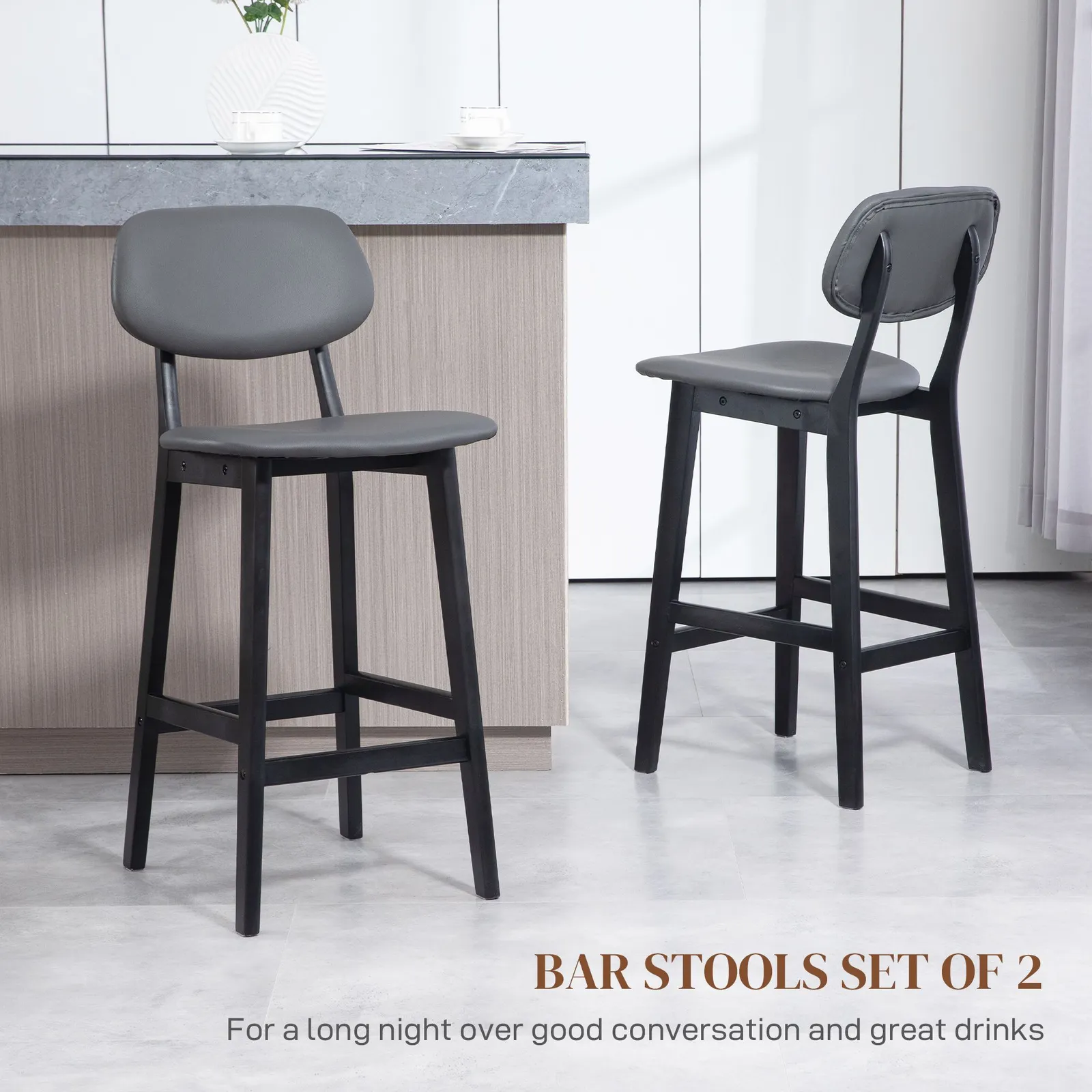 HOMCOM Breakfast Bar stools Set of 2 with PU Leather Cover, Wood Legs in Dark Grey 4