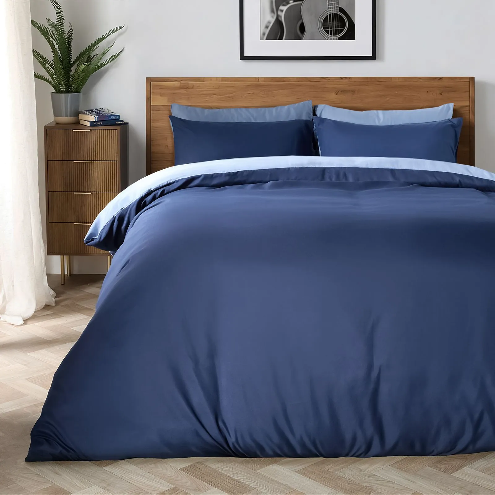 OHS Plain Dyed Reversible Duvet Cover Cover with Pillowcase Set in Navy