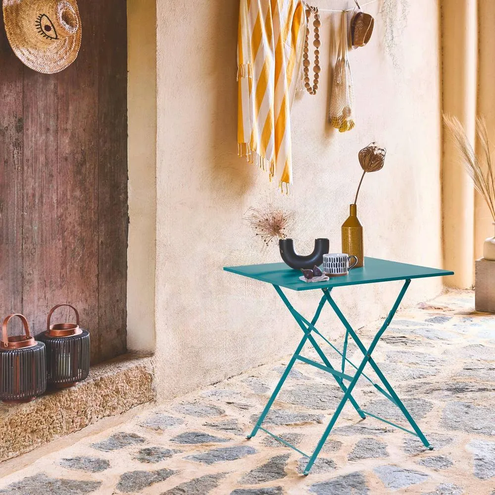 sweeek Square 2-seater folding metal bistro garden table with 2 chairs in Teal 5
