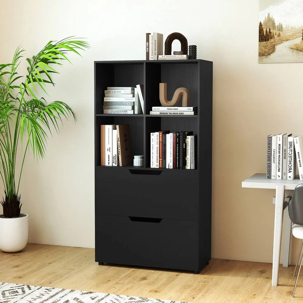 Costway 5-Tier Bookcase w/2 Drawers & 4-Cubes Tall Bookshelf Display Rack in Black 2