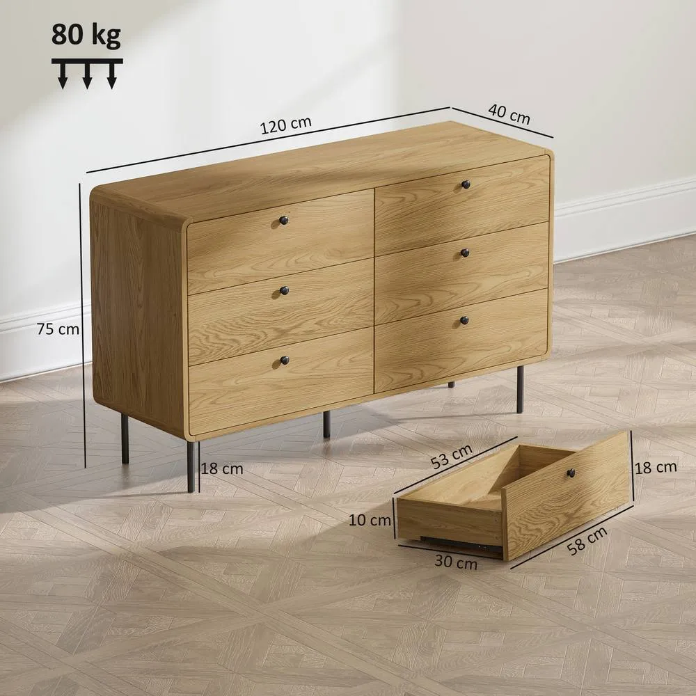 HOMCOM Chest of Drawers for Bedroom, Modern 6 Drawer Dresser, Oak in Natural 3