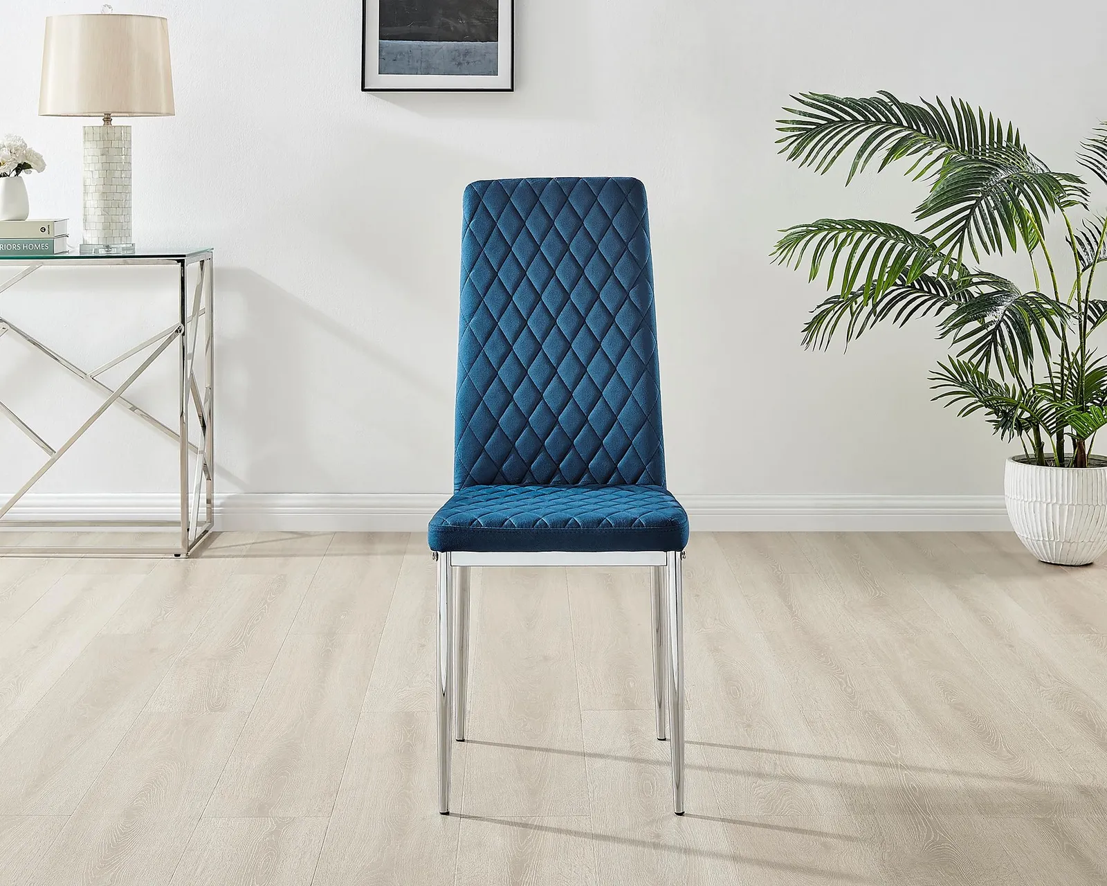 FurnitureboxUK Set of 4 Milan High Back Soft Touch Diamond Pattern Velvet Dining Chairs With Silver Chrome Metal Legs in Navy 4