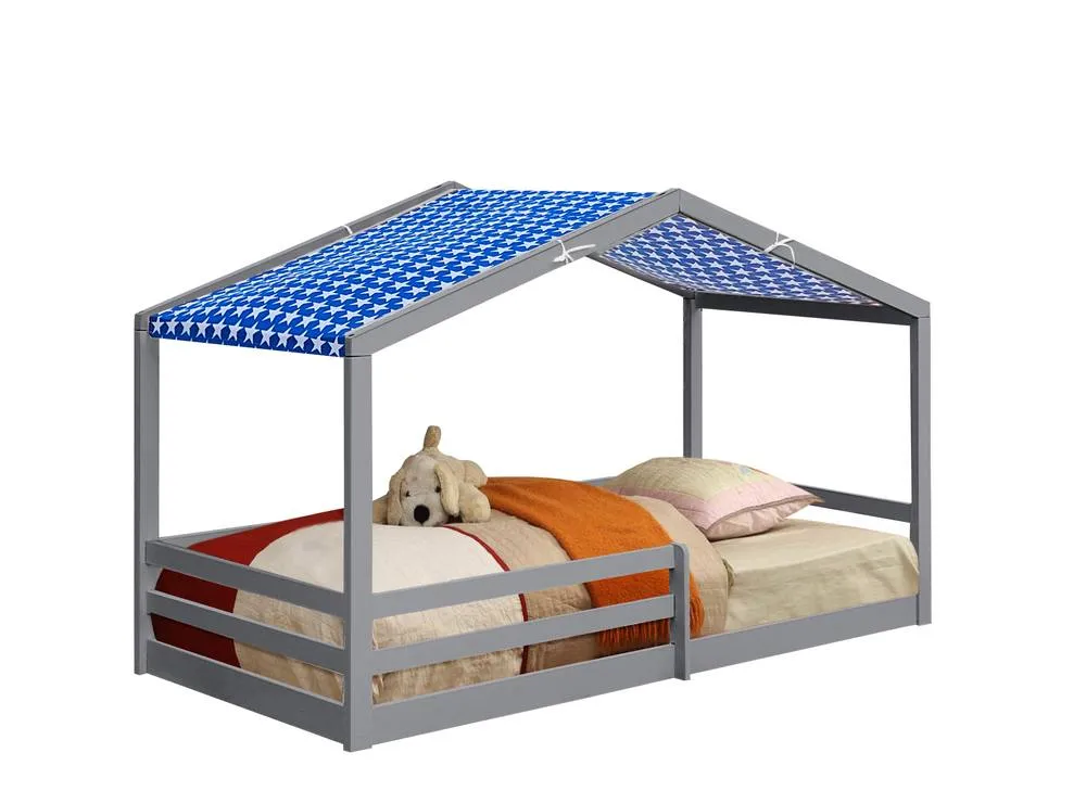 Comfy Living Ltd 3ft Wooden House Bed With Blue Tent in Grey 2