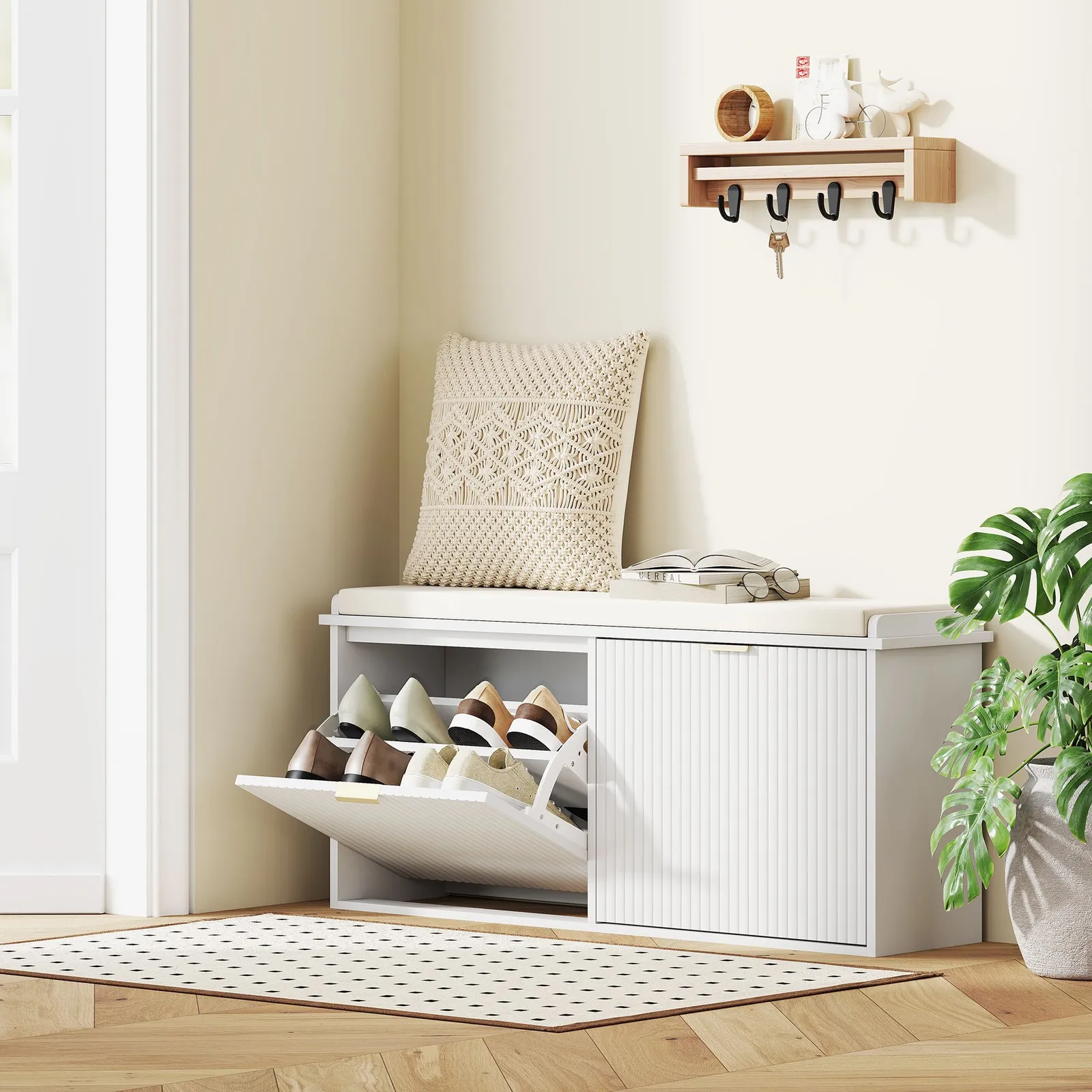HOMCOM Shoe Storage Bench with Cushion & Flip-Drawer 104x26x47.5cm in White 1
