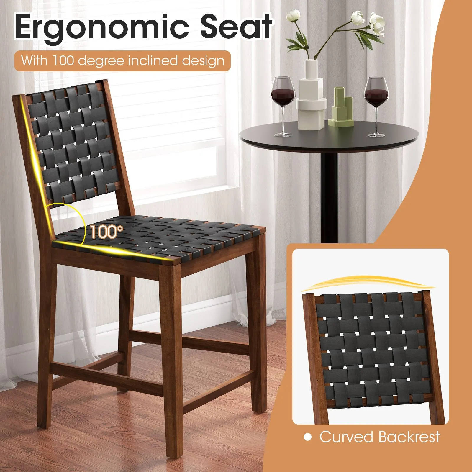 Costway Woven Bar Stools Set of 2 Counter Height Chairs w/ Faux PU Leather Straps in Brown 6