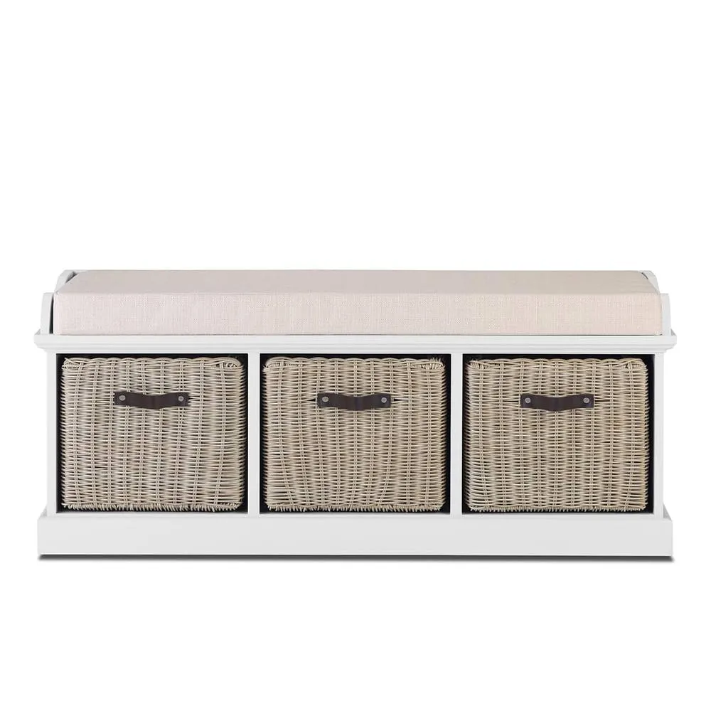 Statement Furniture Tetbury Bench with 3 Brown Faux Rattan Baskets & Cream Cushion in White 3