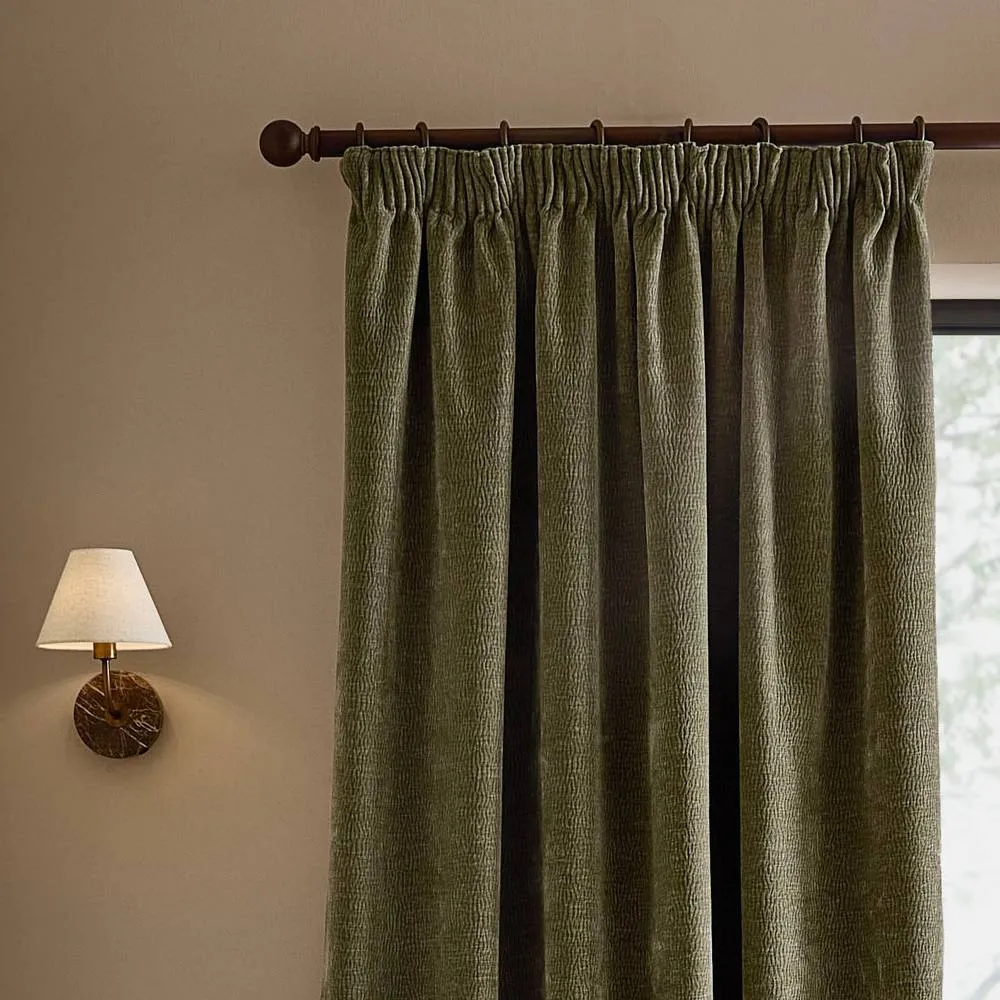 Yard Heath Washed Velvet Fully Lined Pencil Pleat Curtain Pair in Green 3